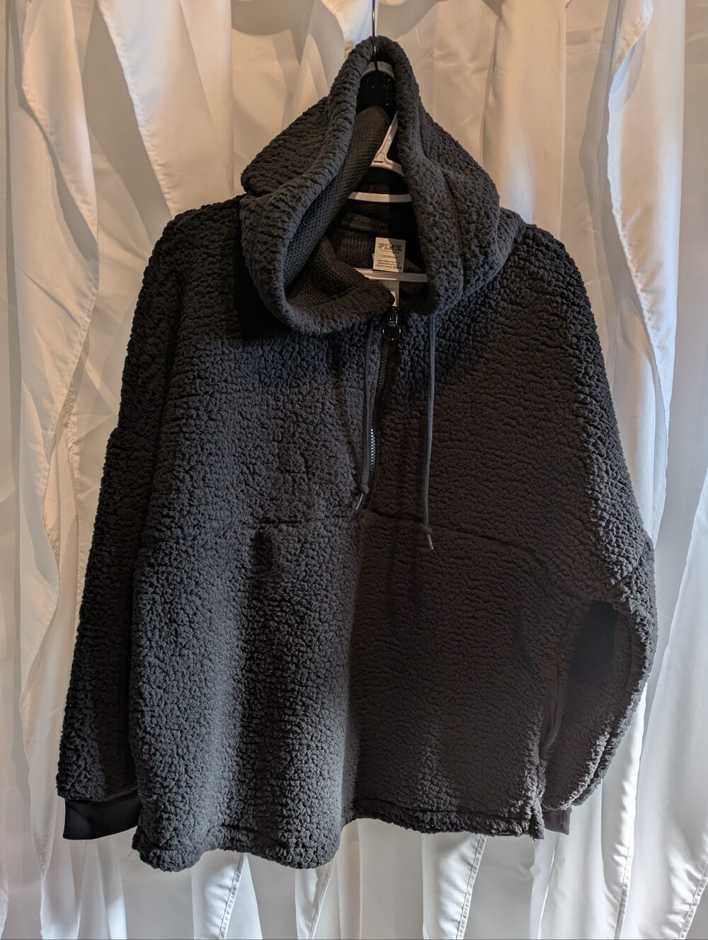 E3 PINK Victoria's Secret Black Sherpa Teddy Fleece Half Zip Hoodie Large
